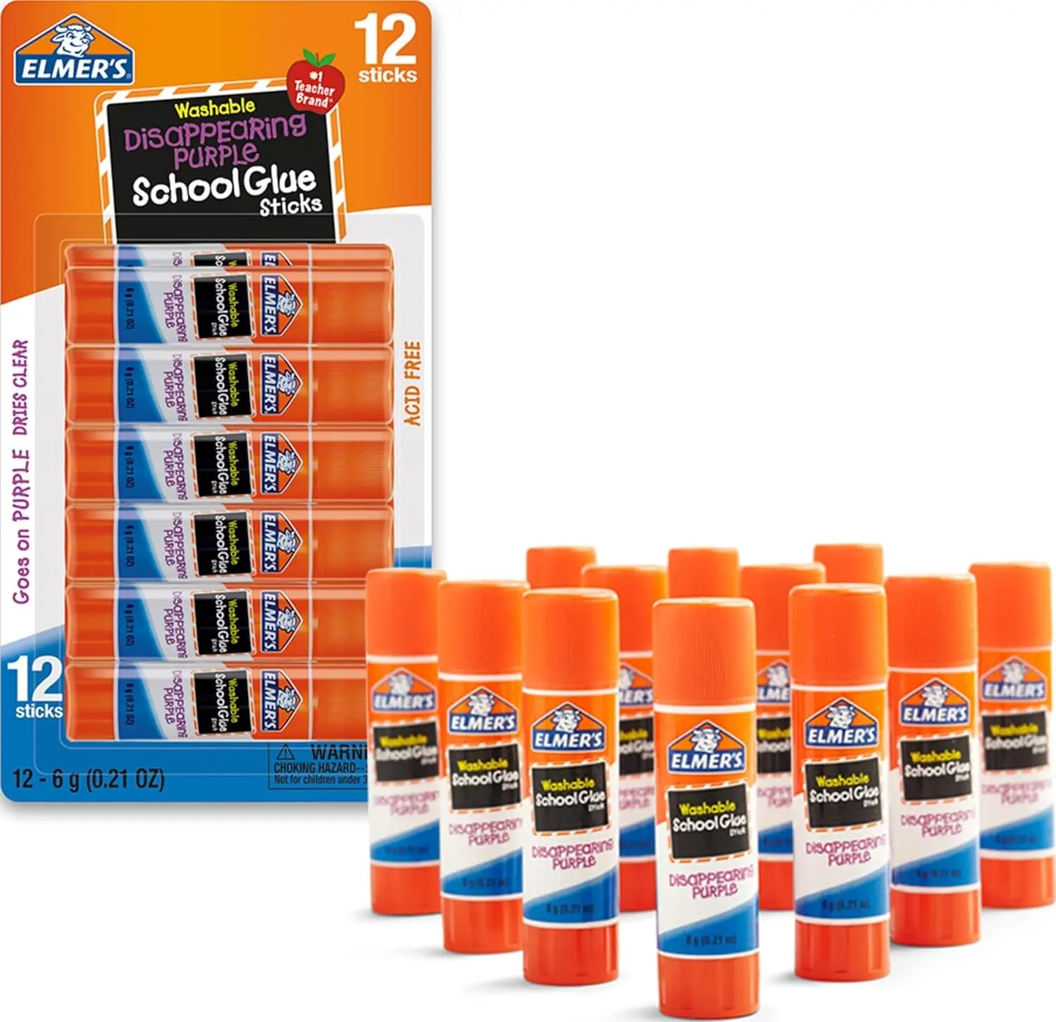 Elmer's Disappearing Purple School Glue Sticks, Washable, 6 Grams, 12 Count - Arts & Crafts, Poster, Projects, Back to School, #1 Teacher Brand