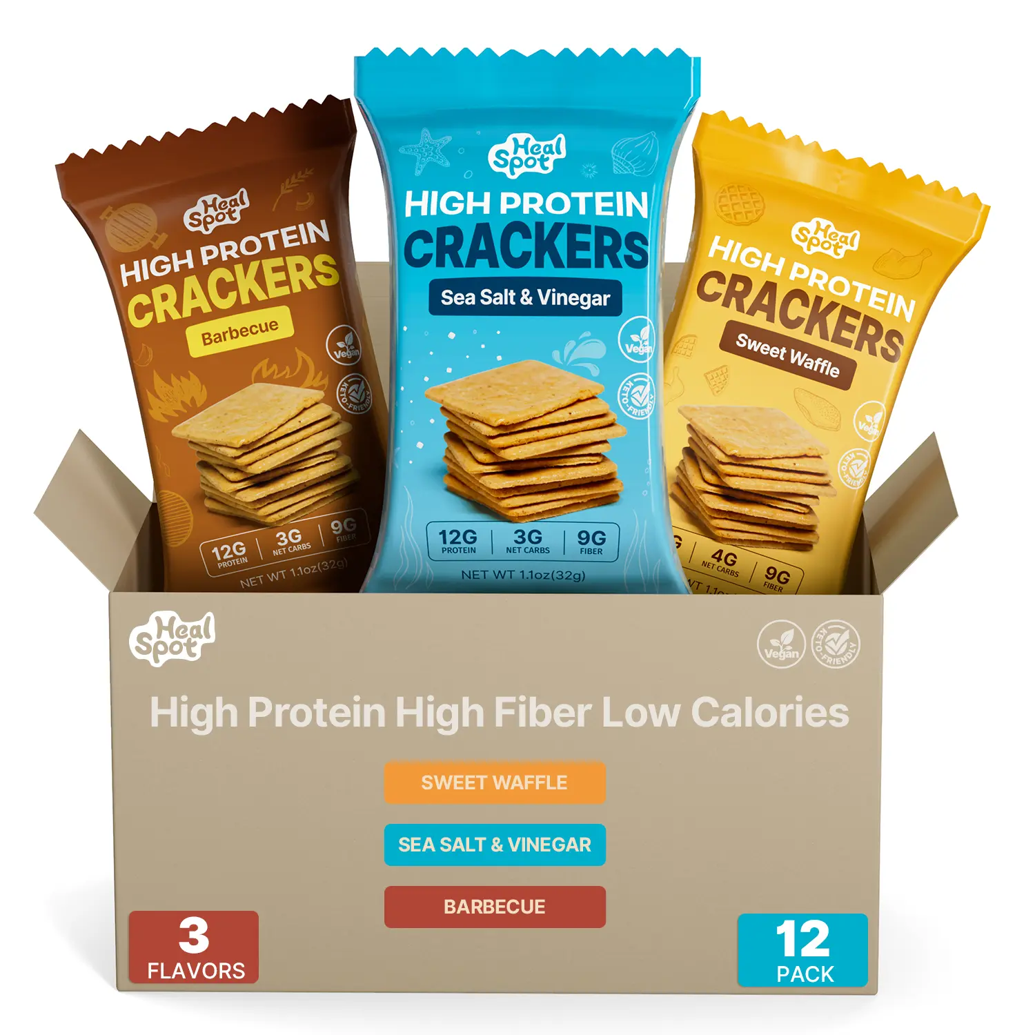 Healspot High Protein Crackers | 12g Protein, 9g Fiber | Low Carb Healthy Snack | 12 Variety Pack,back to school