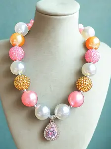 Handmade Pink Chunky Bead Fashion Accessory | Sparkly Rhinestone Teardrop Charm | Aesthetic Pastel Statement Piece