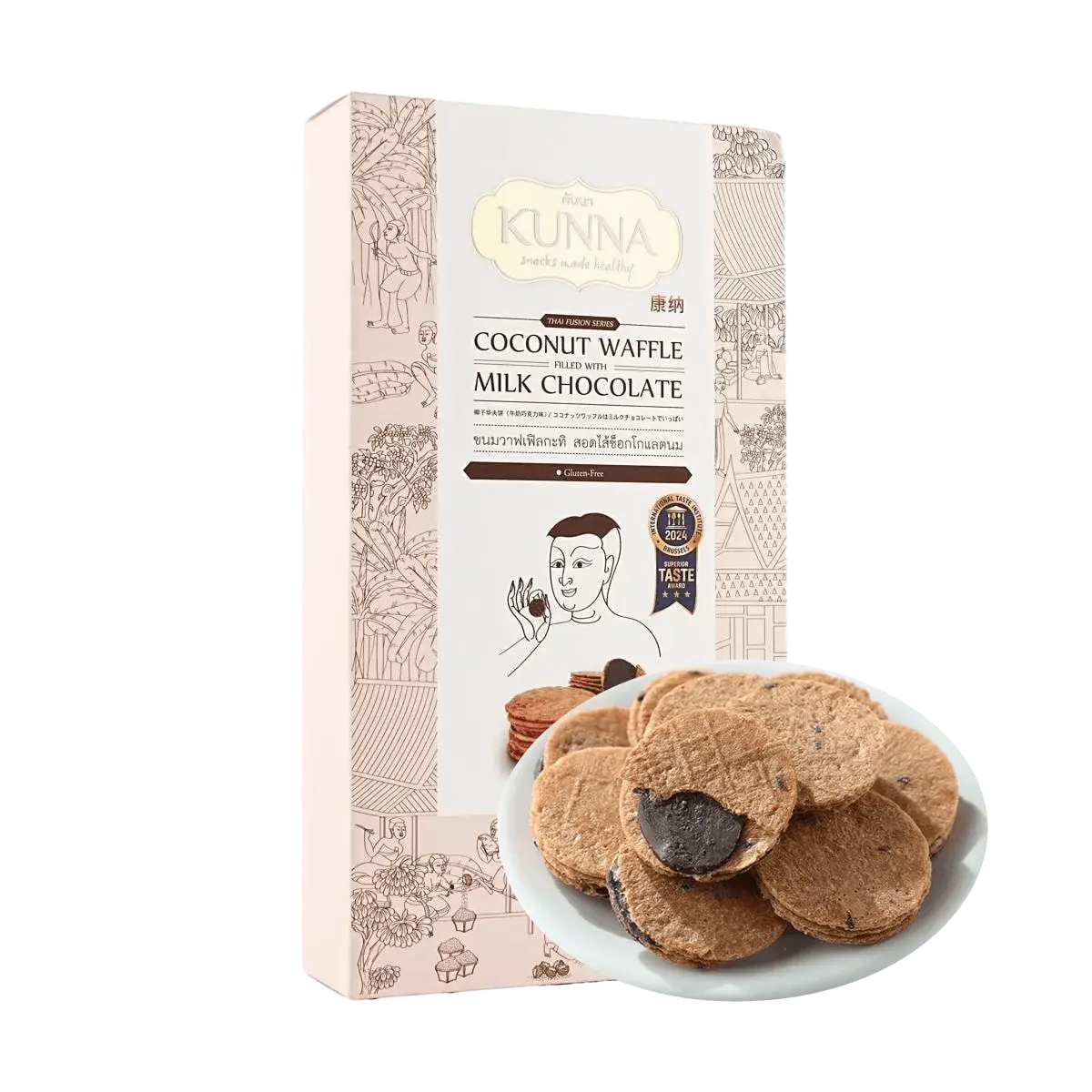 KUNNA Coconut Waffle Cookies Milk Chocolate - Gluten-Free, International Taste Award Winner, 90g Thai Snack