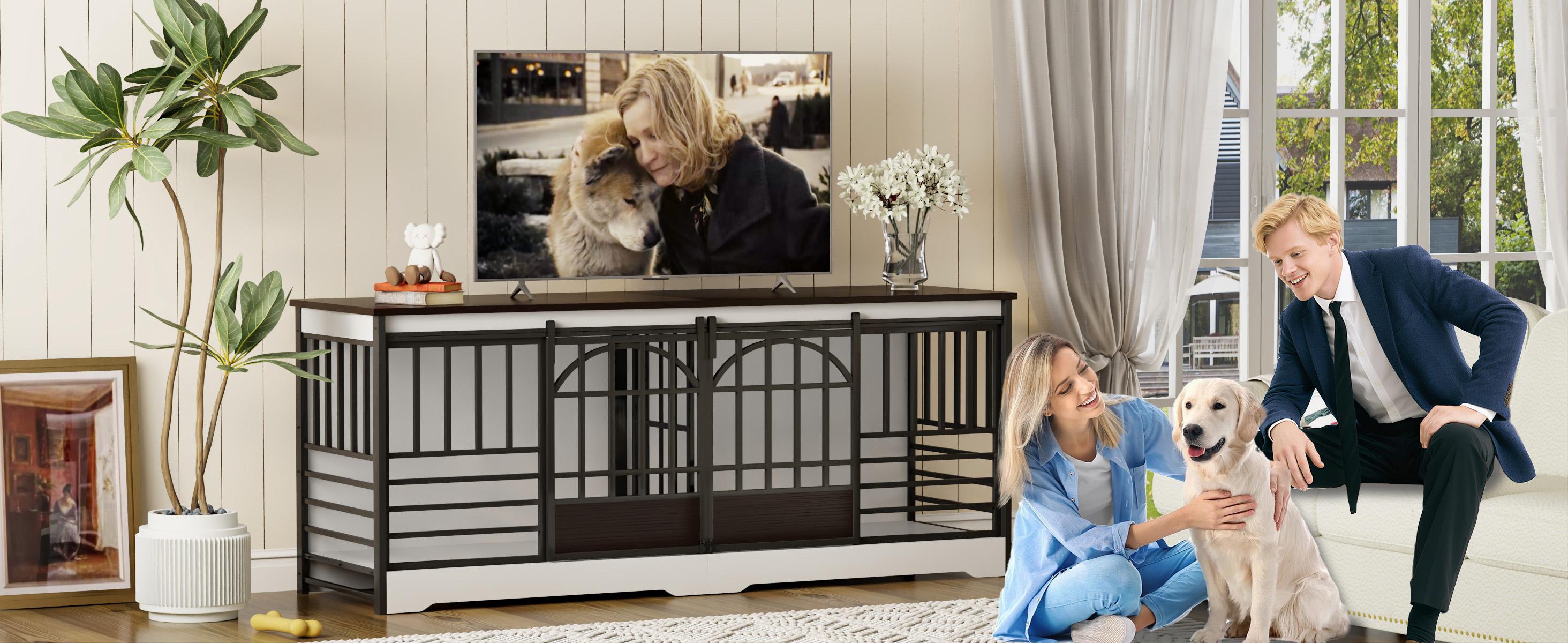 78 Inch Double Dog Crate Furniture, Heavy Duty Extra Large Cage Furniture with Divider for 2 Dogs, Decorative Wooden and Steel Kennel Furniture Indoor, Pet House for Medium,Large Dogs,White