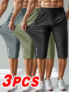 Men’s casual 7/8 pants, 3-pack, high-stretch ice silk fabric, breathable ice silk, drawstring waist, zippered pockets, reflective print, suitable for outdoor sports