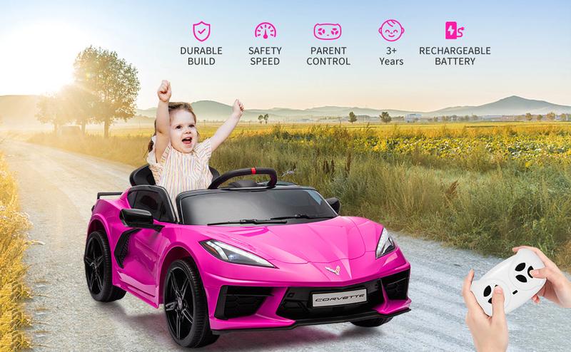 【GARVEE】12V Licensed Corvette Electric Sports Car for Kids with Remote Control, Visual Dashboard, LED Lights, Music, Battery Powered, Available in Multiple Colors Including Rose Red, Red, Light Blue, Orange, Pink, Dark Blue, and White