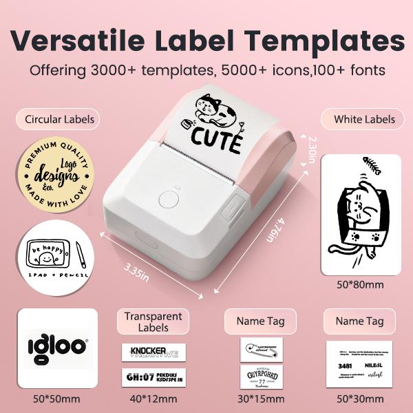 Mini Label Sticker Printer, 2 Inch Barcode Portable Printer, Thermal Label Printer For Address, Clothing, Warehouse, Mailing, Flower Shop, Compatible With Phone & Laptop(Pink), Portable Inkless Label Makers
