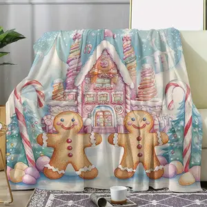 Aura Blankets Red Pink Christmas Blanket Gingerbread Man Santa Claus Print Skin-Friendly Blanket New for Home Christmas Decoration