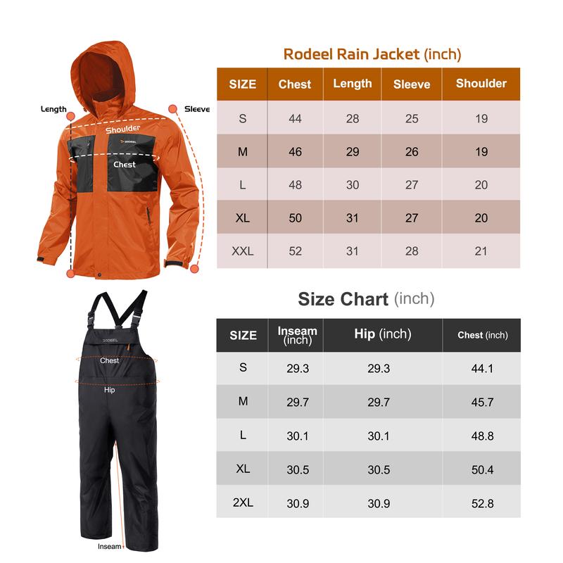 RODEEL Waterproof Bib Overalls Rain Suit Men Lightweight Breathable Full Zip Hooded Jacket Durable Rain Coat Weatherproof Rainwear Windbreaker For Outdoor Hiking Camping Fishing Construction Landscaping Gardening Workwear, Holiday Gift