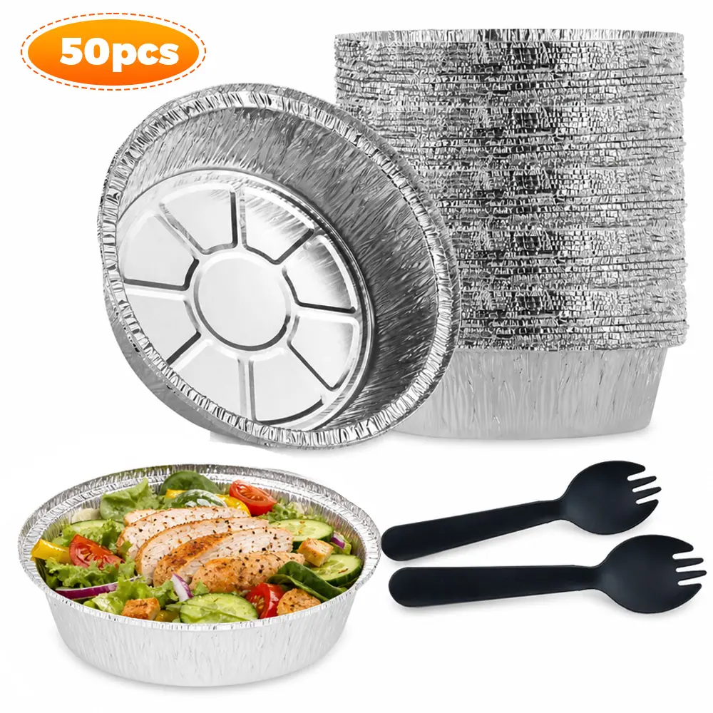 50 Packs 6" Reusable Aluminum Baking Pans & 50 Packs Forks Kit, Stackable, Grease-Resistant for 4th of July Holiday Baking, Tarts, Cheesecakes, Freezer & Storage Use | Great Gift for Bakers & Chefs