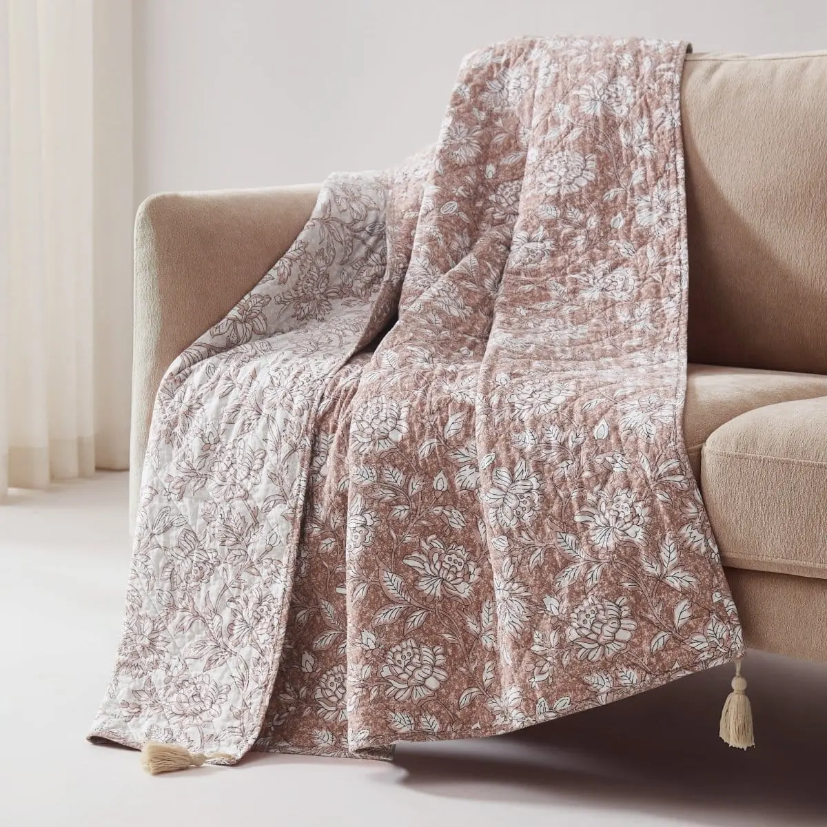 Lush Decor Zara Floral Block Reversible Cotton Cozy Soft Throw Blanket (50x60in) - Decorative Boho Bedding for Bed, Couch, Cozy Throw Blanket, Decorative Blankets
