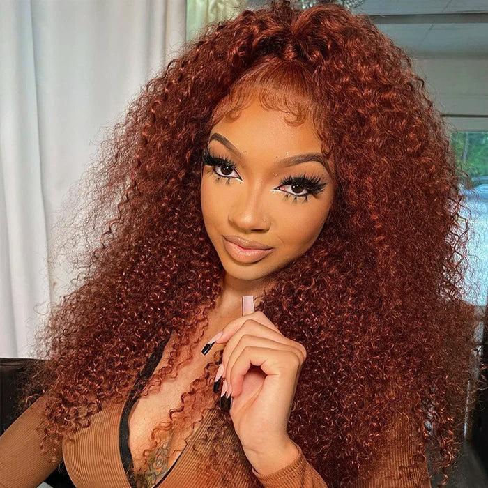 Pizazz Hair #33 Reddish Brown Curly Glueless Wig Pre-plucked 8x5 Pre Cut HD Lace Wig Quick & Easy Install