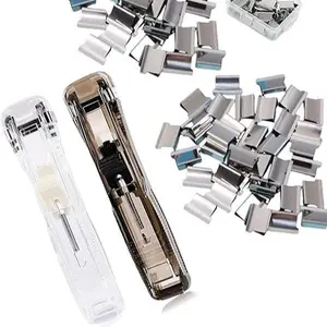2 Packs Reusable Stapler Portable Binder Clip Stapler, Includes 100 Reusable Clips, Handheld Paper Clip Dispenser, Mini Push Stapler Clamp Staplers for Desktop Document Home School Desk Office (Transparent)