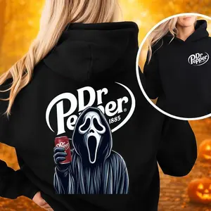 Spooky Dr Pepper Horror Halloween Double Sided Unisex Hoodie ,Dr Pepper Halloween Hoodie - Casual Top with Graphic Design, Available in Various Colors - Menswear, Tops Unisex Womenswear Cotton Fabric