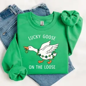 Funny St Patricks Day Goose Sweatshirt, Lucky Goose Shirt, Honky Sweater, Honk Coquette Clipart, Shamrock Leprechaun Sweatshirt