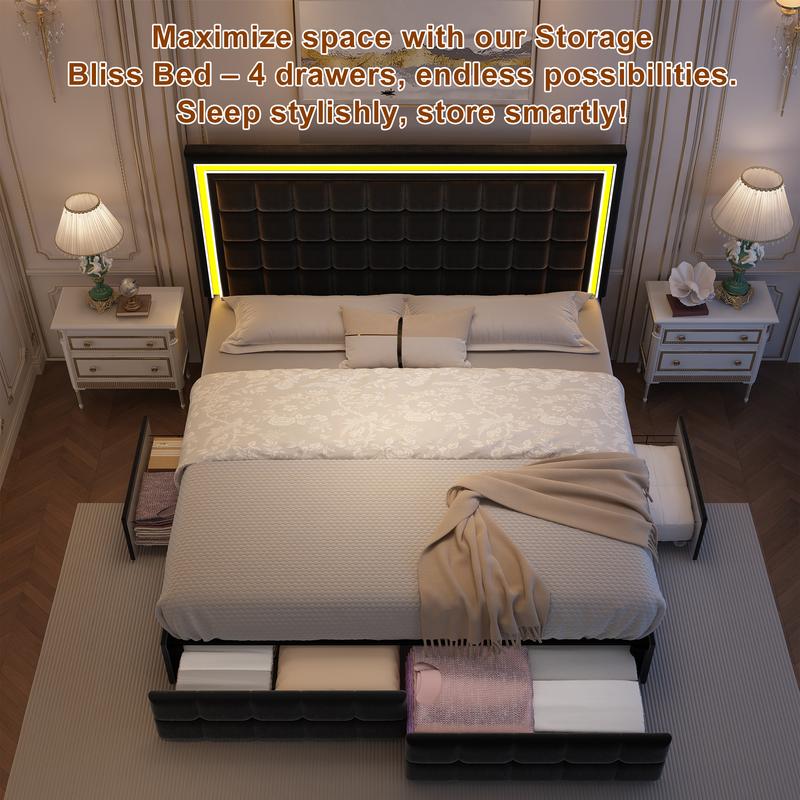 GEGOFORU Queen LED Storage Bed Frame with 4 Drawers, Smart RGBW LED Headboard with Remote Control, PU Upholstered Modern Platform Bed, Gray (Cama Queen con LED y Cajones)