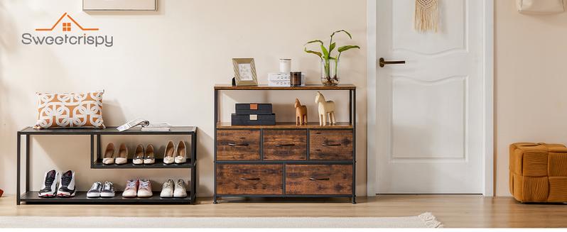 Dresser TV Stand, Entertainment Center with 5 Fabric Drawers, Media Console Table for TV with Open Storage Shelf Dresser