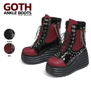 VIMISAOI Platform Ankle Boots For Women Goth Round Toe Platform Heel Lace Up Chains Studs Thick High Heel Combat Punk Rave Party Concert Ankle Boots