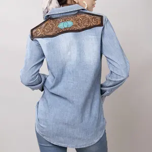 American Darling Genuine leather Hand tooled carved Women 100% cotton Denim Blazer dress jacket ladies |Vintage