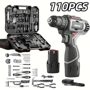 110pcs Home Mechanic Toolbox with  Power Cordless Drill Hand Repair Tools Sets Combo Kits Storage Organizer，tools and gadgets for him，mechanic tools，mechanics，drill ，adapt，Include，hammer，pliers，Battery, wrench, screwdriver....