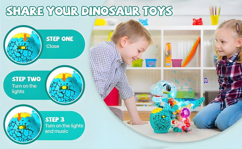 Electric T-Rex Roaring Dinosaur Toys,  Music Toys with LED Lights & Moving Wheels, Transparent Stem Sensory Gear Car Toys for Kids Entertainment, Gift for Boys Girls Birthday Party Christmas