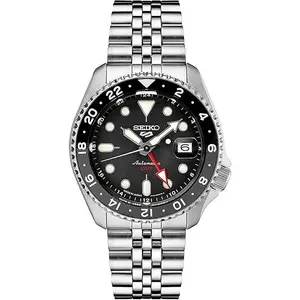 SSK001 Automatic Watch for Men - 5 -Sports - Black Dial with Date Calendar and Luminous Hands & Markers and Black & Gray GMT Bezel, 100m Water-Resistant