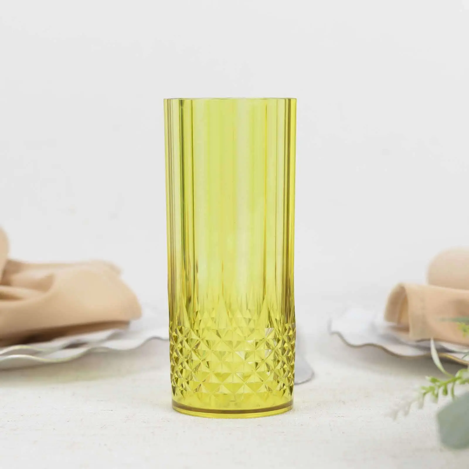 6-Glass Set 14 oz Durable Transparent Plastic Highball Glasses - Crystal Cut Green, Shatterproof Tall Cocktail Tumblers, Glassware Drinkware for Dining Adults, Birthday Events