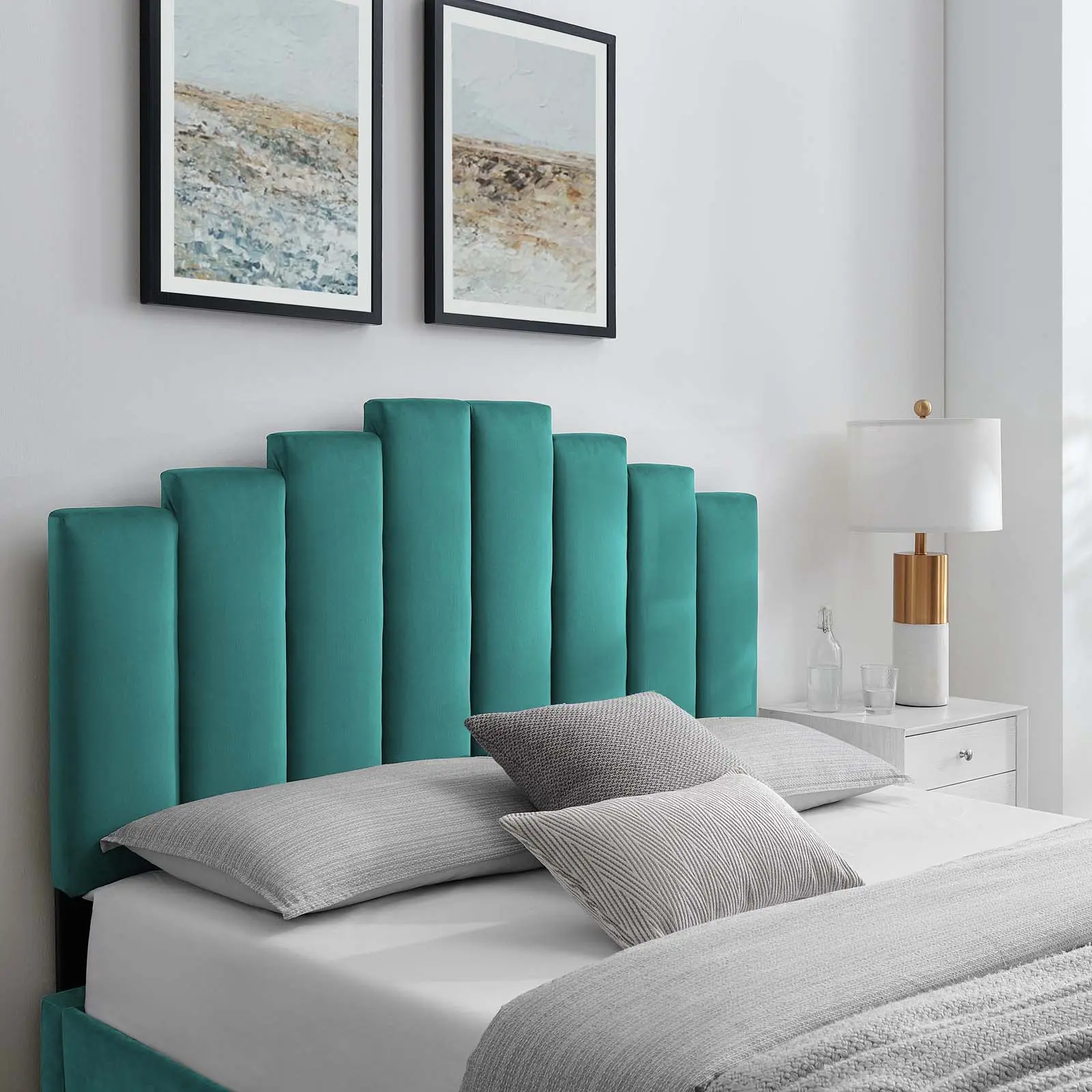 Modway Noelle Sturdy Adjustable Upholstered Arch Headboard - Performance Velvet, Twin Size, Teal, Arched Panels, Channel Tufted, Soft Foam Lounge