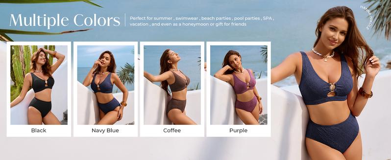 Hanna Nikole Women High Waisted Bikini Sets 2 Piece Swimsuits Tummy Control Textured Bathing Suit Metal Cutout Swimwear