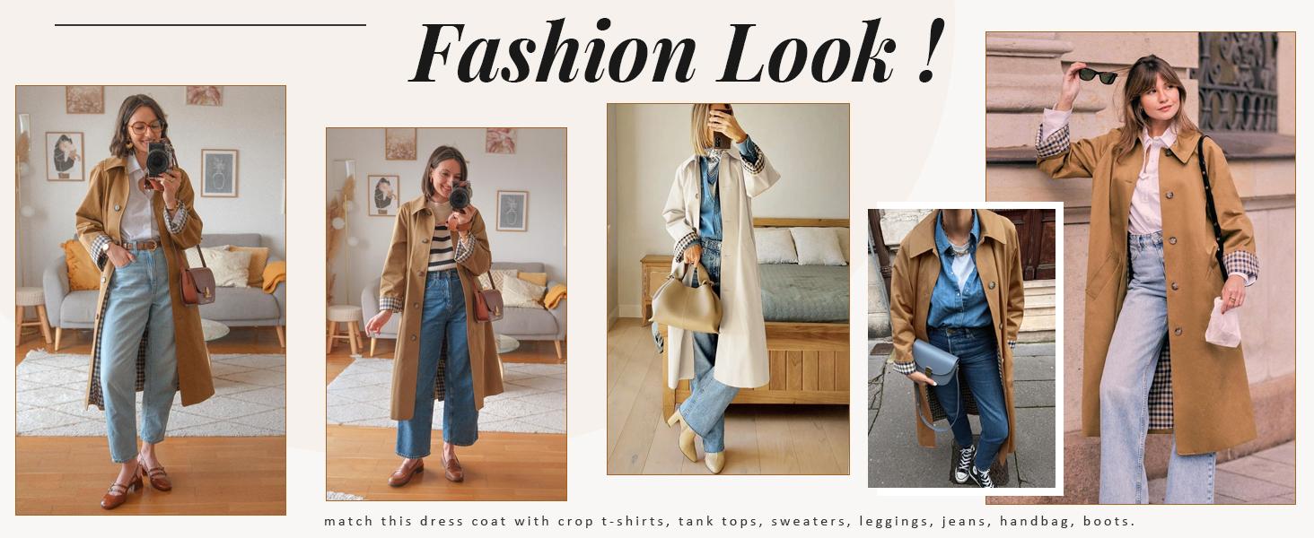 Ommig Womens Long Trench Coat Single Breasted Oversized Windproof Overcoat Fashion Outerwear