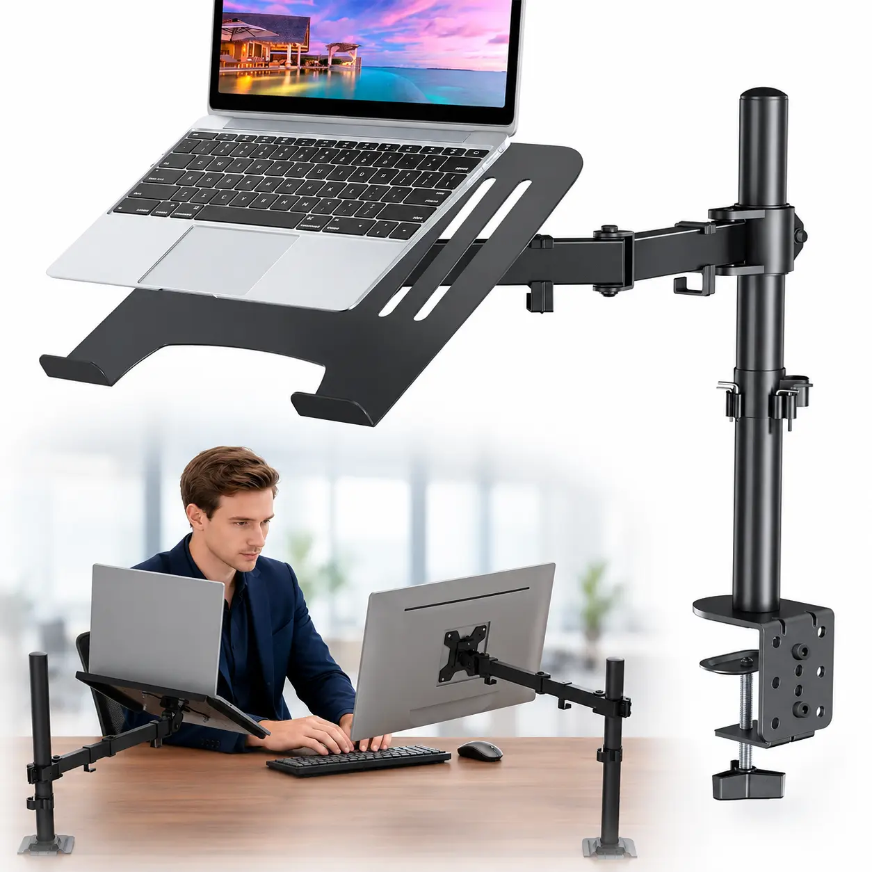 2-in-1 Laptop & Monitor Desk Mount, Adjustable Arm with Vented Tray for 11-17" Laptops, VESA Monitor Mount for 13-32" Screens, Full Motion C-Clamp Stand with Cable Management