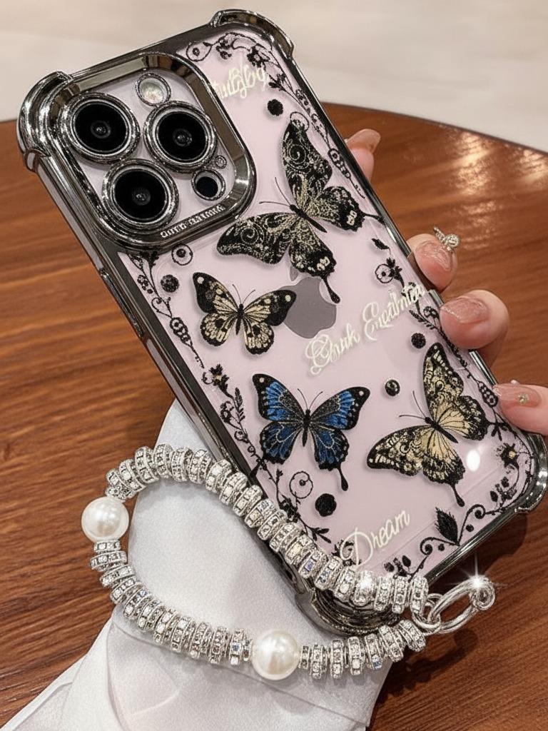 Five Butterflies Pattern Women's Phone Case for iPhone 11/12/13/14/15/16/17 Pro Max, Pink Chrome Alloy Frame Reinforced Corner Protection Protective Phone Cover