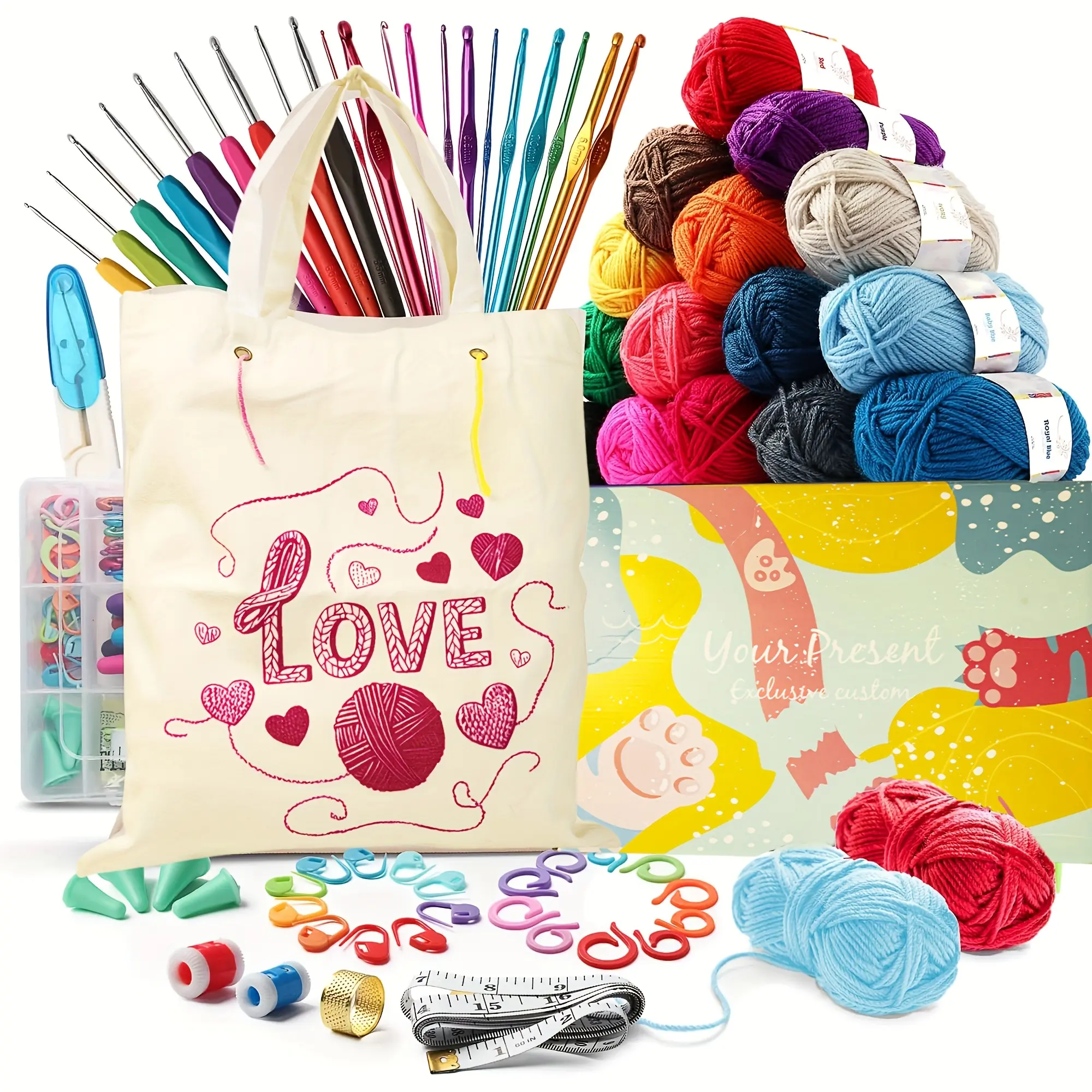 73-Piece Complete Crochet Kit for Beginners & Adults | All-in-One Starter Bundle with Hooks, Premium Yarn, Accessories + Canvas Tote Bag | Perfect for DIY Crafts, Creative Gifts & Relaxation，Gift box packaging，Beginner Tutorial Crochet Set