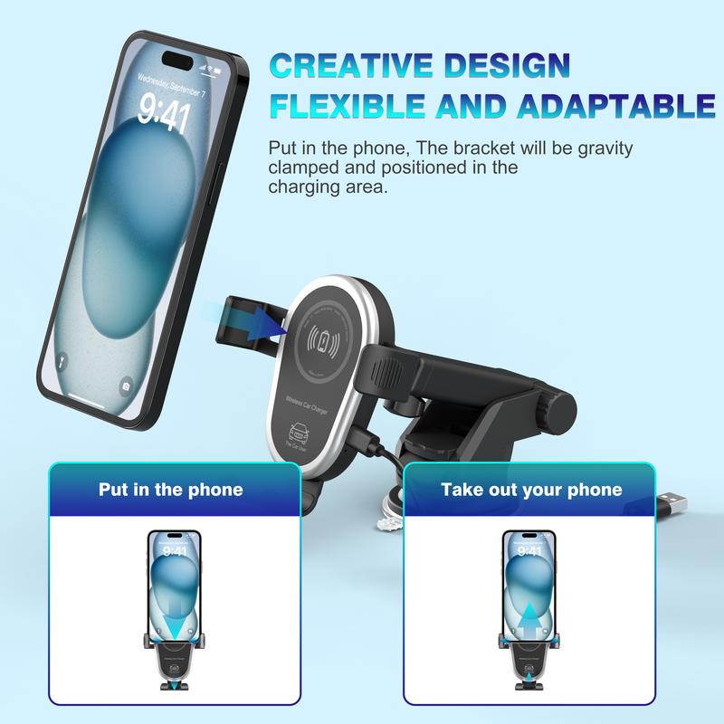 Wireless Car Charger: 15W Fast Charging Phone Holder for iPhone 15 14 13 12 11 Pro Max, Samsung Galaxy S23 S22 S21