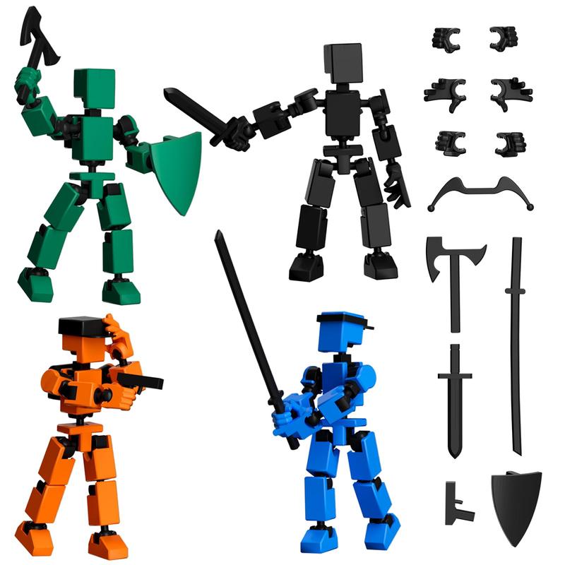 4PCS Mini Titan T-13 Action Figures Set Assembly Completed Luck Dummy Robot 13 Action Figure Toys for Boys Stick Figures with Multi Joints Movable Fidget Gifts for Kids