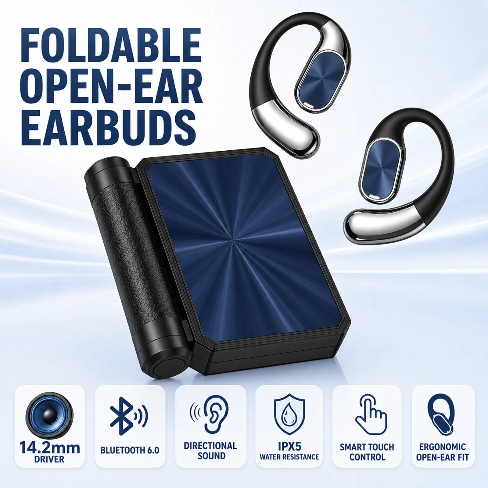 Narshton AC530 Wireless Open-Ear Foldable Bluetooth Earbuds-Dual-Foldable Audio Device with Noise Isolating, 300mAh Battery (145hrs Playtime), Bluetooth 6.0, Waterproof, App Control, 45kHz Sound, Gym Use Compatible with Monster AC530 Charging, Headphone,,
