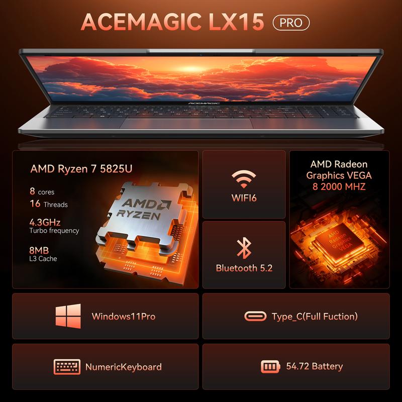 ACEMAGIC LX15PRO Laptop, Ryzen 7 5825U 8-Core (Up to 4.5GHz), 16GB RAM 512GB NVMe SSD, Radeon Vega 8, 15.6" FHD Display, Numeric Keypad, Type-C, Windows 11 Gifts For Business, Office, Home Students Daily Life Christmas Gift US Delivery