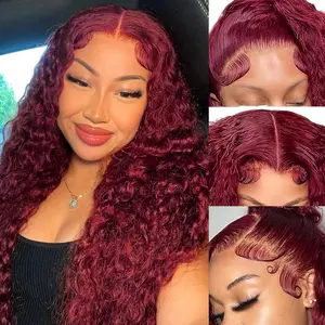 VKORun 99J Burgundy Deep Wave Lace Front Wigs Human hair Pre Plucked HD 13x6 Lace Frontal Deep Wave Wig Human hair Curly Brazilian Glueless Human Hair Wig For Women