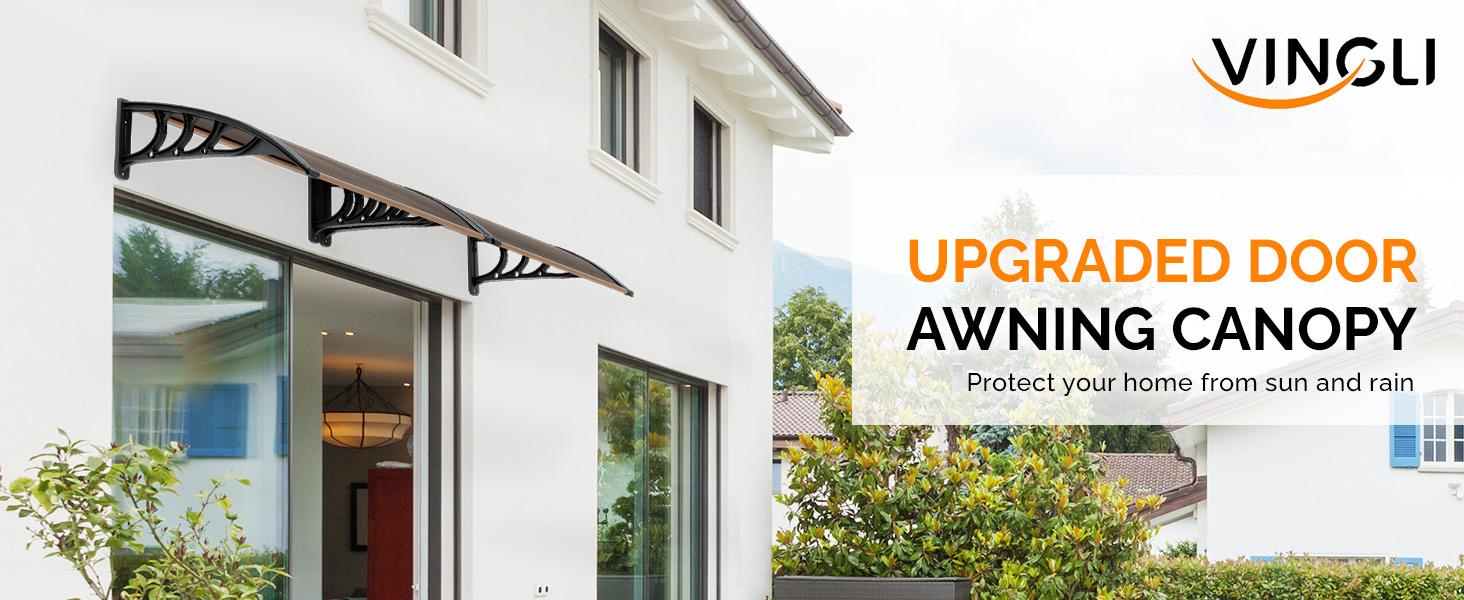 VINGLI Window Awning Door Canopy Exterior, Awnings for Doors Polycarbonate Cover Patio Door Awning Rain Snow Sunlight Protection Hollow Sheet (Brown Board & Black Bracket)