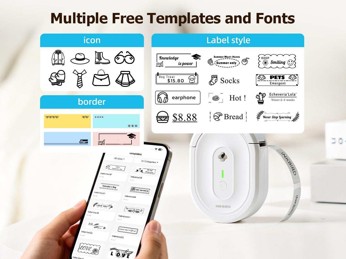 INKBIRD N12 Portable Label Maker Machine, Bluetooth Sticker Printer, Thermal Printing, Various Print Templates, Use with Smartphones and Tablets, Ideal for Home, School, Office