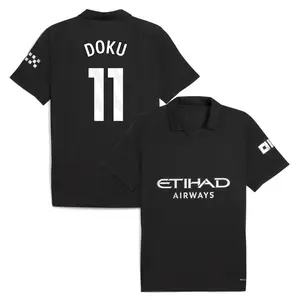 Black MCI Doku 2025/26 Match Away Jersey, Black Color Doku MCI Away Edition Short Sleeve Jersey
