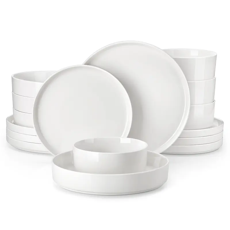 MALACASA LEAH Series Porcelain 4-Person Dinnerware Service Set - 12-16 Piece, 42oz, Lead-Free, Cadmium-Free, Scratchproof, Chip-Resistant, Microwave-Safe Modern White Plateset for Everyday Use (Gift-Ready Household Items, Home Goods)