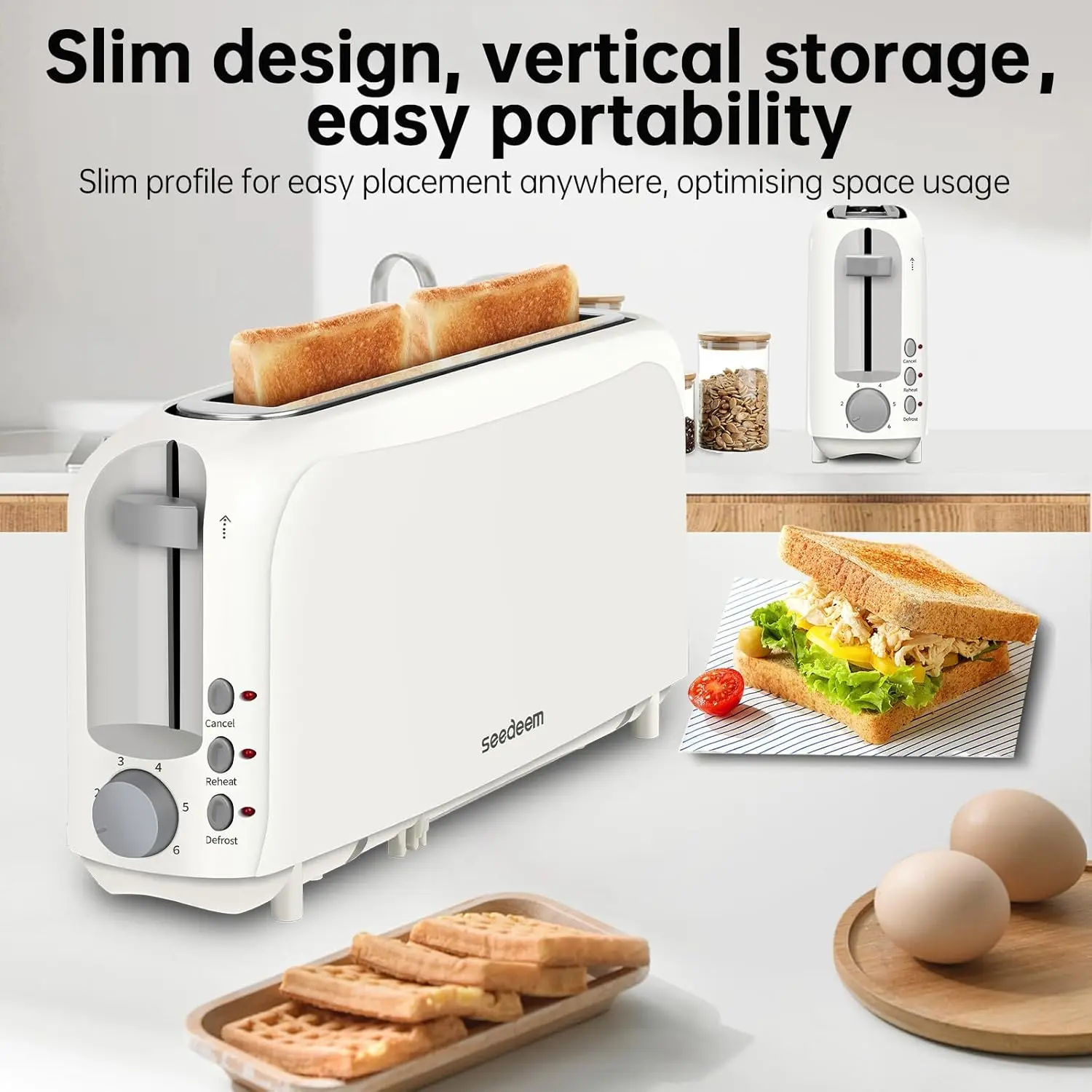 SEEDEEM 2-Slice Slim Toaster, 6-Setting Shade Control, Cancel/Reheat/Defrost Functions, Removable Crumb Tray, 750W Space-Saving Household Kitchen Appliance Toastie Maker tiktokshopbacktoschool