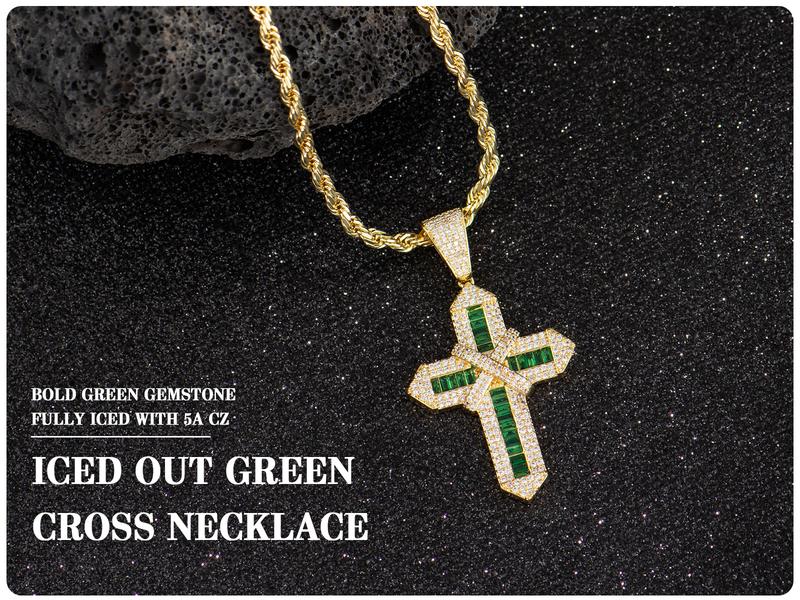 Holylegend 14K Real Gold Plated Multicolor & Green Cross Necklace for Women and Men, Tarnish-Free Iced Out Pendant with 5A CZ, Cuban and Rope Chain, Hip Hop Bling Jewelry Gift