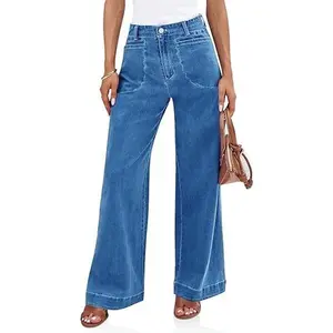 Cicy Bell Women's Wide Leg Jeans High Waisted Stretchy Baggy Loose Denim Casual Pants with Pockets Bottoms Fashion Basic Blue Minimalist