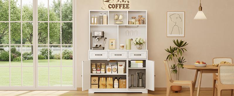 Gizoon Kitchen Pantry Cabinet with Microwave Shelf 60.2" Tall Coffee Bar Cabinet with Storage Kitchen Hutch with Countertop for Dining Room and Craft Room