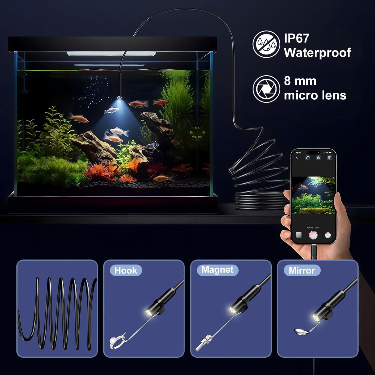 Endoscope Camera with Light, 1920P HD Borescope Tools with 8 Adjustable LED Lights, Endoscope with Semi-Rigid Snake Camera, Inspection Borescope for iOS and Android - 16.4ft Single Lens