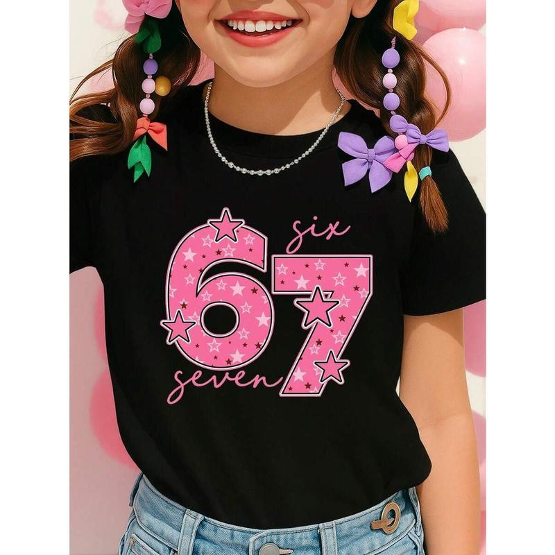 The 67 model sign language Christmas Y2K pink star number six and seven 100% cotton pattern T-shirt for girls, winter clothing for girls, girl Christmas set, funny six and seven couple shirt, 67 hooded shirt, 67 Christmas shirt, black round-neck letter-pr