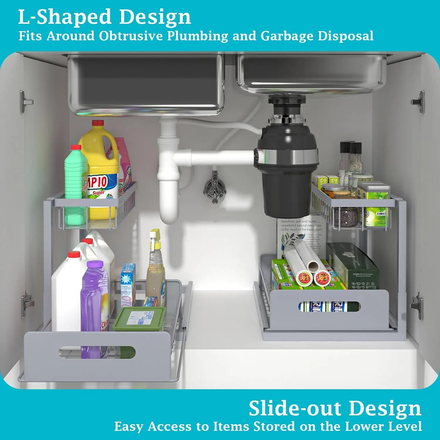 2 Pcs  2-Layer Under Sink Organizer L-Shape Metal Slide-Out Storage Rack Cabinet Snack Drawer kitchen organizer Spice rack Dormitory Dining Room Bathroom Organizing Accessories Mother's Gift.
