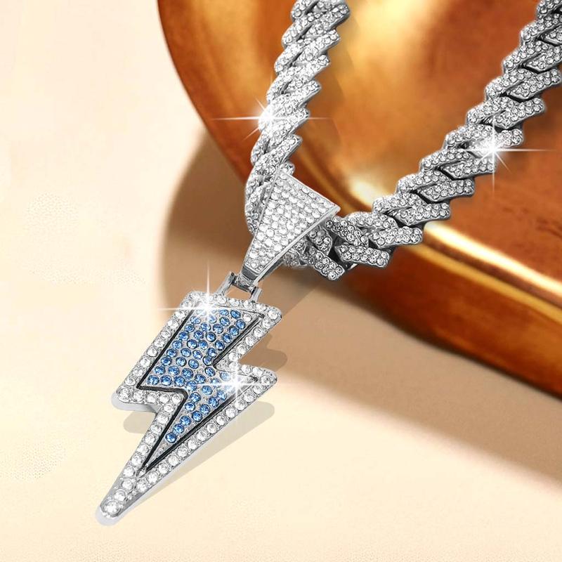 Bling Lightning Bolt Necklace Thick Cuban Link Chain Rapper Hip Hop Costume Jewelry with Sparkly Lightning Charms for Men Women Hip Hop Jewelry