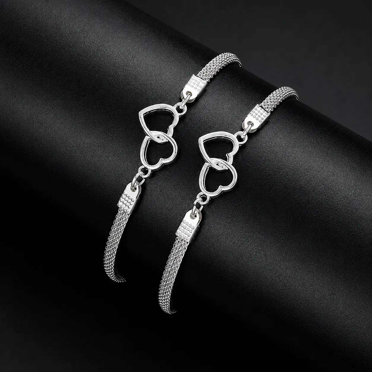 2 Pcs Set Love Heart Couple Bracelets for Women Men Silver Color Double Layer Matching Chain Bracelet Lover Jewelry Gift