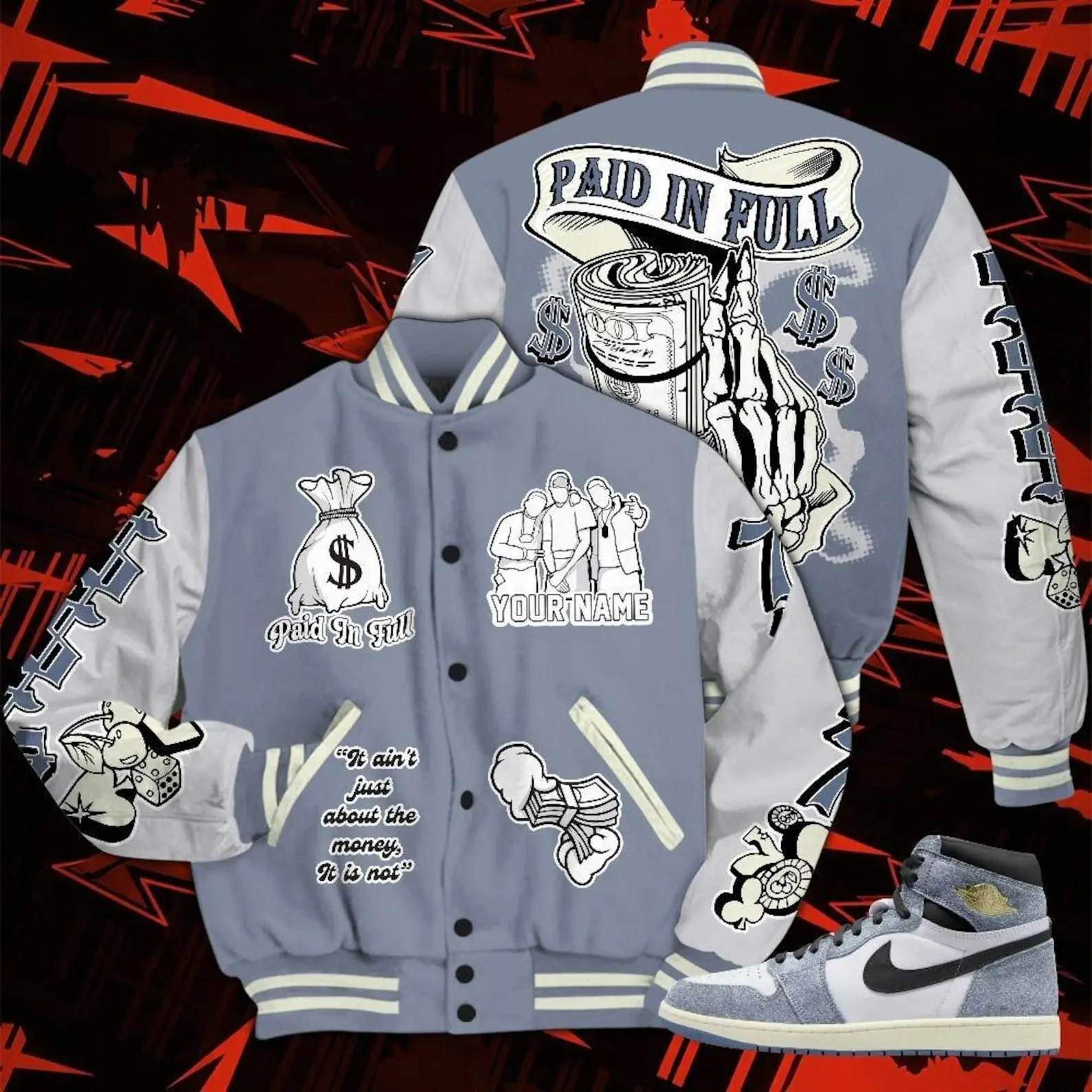 Retro High OG Cool Grey 1s, Paid in Full Baseball Varsity Jacket Custom Name