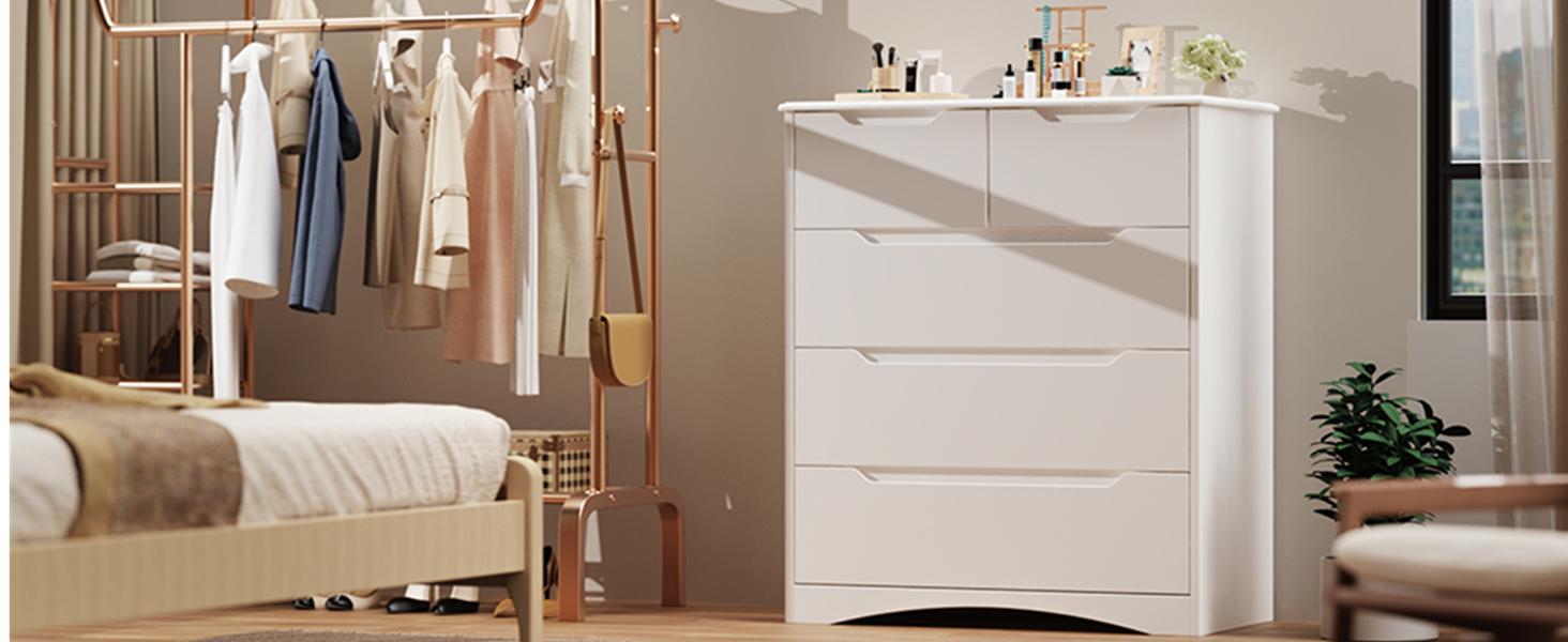 Gizoon 5 Drawers Chest, White Dresser for Bedroom with Large Storage Capacity, Chest of Drawers with Embedded Handle, Anti-Tripping Device for Hallway, Office, Living Room